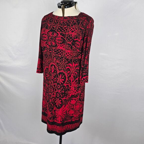 AB Studio Dress Women's 14 Red Black Aztec Floral Pattern Bodycon Long Sleeve - Picture 12 of 16